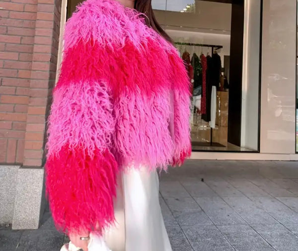 Women Fashion Pink Color Patchwork Faux Fur Jacket