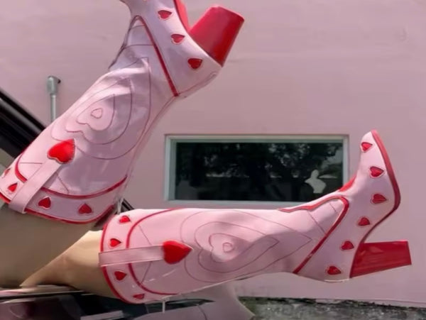 Women Fashion Color Patchwork Heart Knee High Western Boots