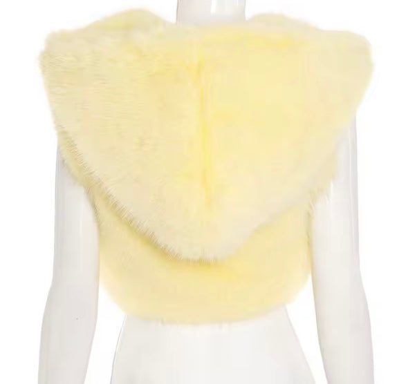 Women Zip Up Hooded Sleeveless Fashion Faux Fur Crop Vest Jacket