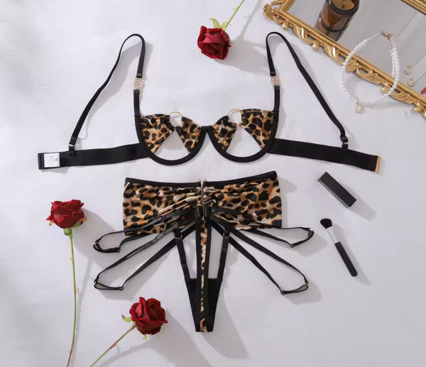 Women Sexy Cut Out Leopard Print G-String Lingerie Set