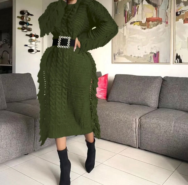 Women Full Sleeve Fringe Fashion Sweater Maxi Dress