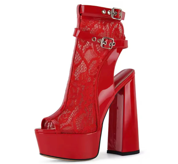 Women Open Toe Lace Patent Leather Platform High Heel Ankle Boots