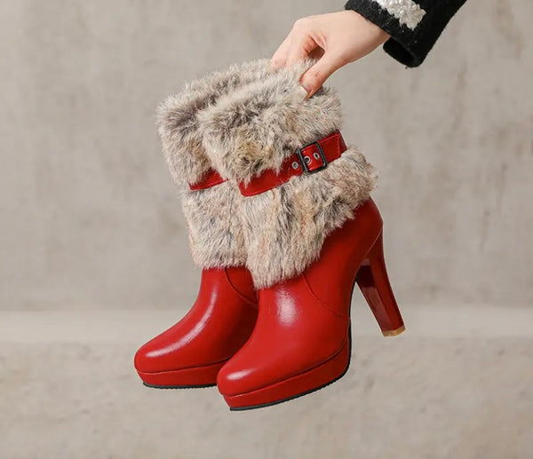 Women Fashion Round Toe Faux Leather Fur Buckled Ankle Boots