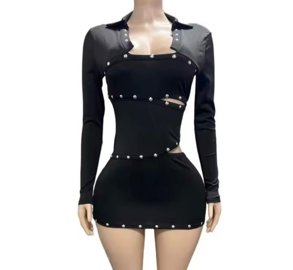 Women Sexy Collar Rivet Cut Out Full Sleeve Dress