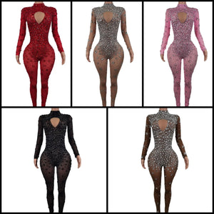 Women Sexy Cut Out Crystal Full Sleeve Mesh Jumpsuit