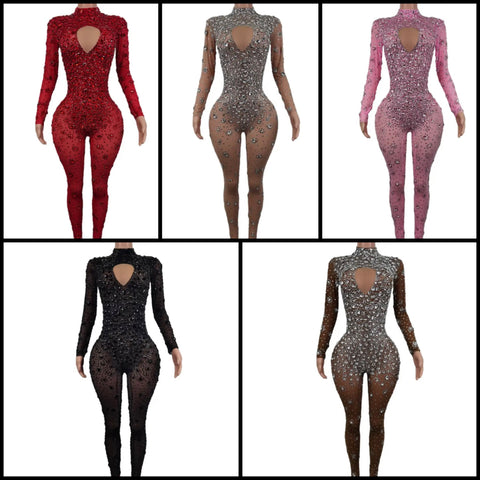 Women Sexy Cut Out Crystal Full Sleeve Mesh Jumpsuit