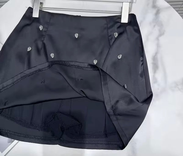 Women Sexy Satin Rhinestone Full Sleeve Two Piece Skirt Set