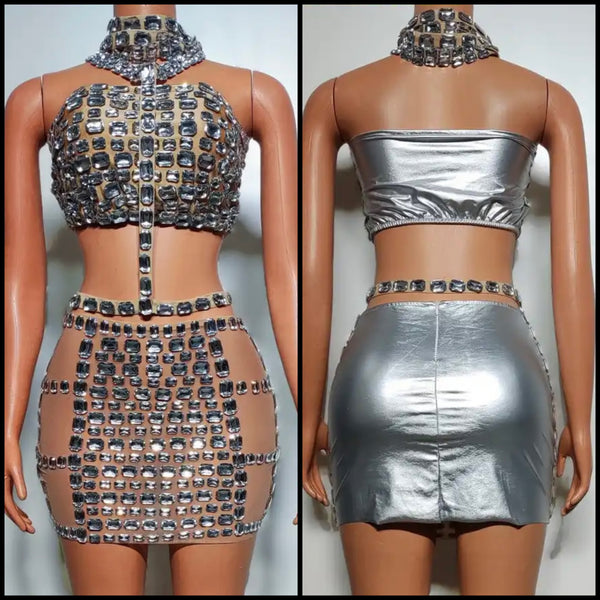 Women Sexy Sleeveless Bling Crystal Two Piece Skirt Set