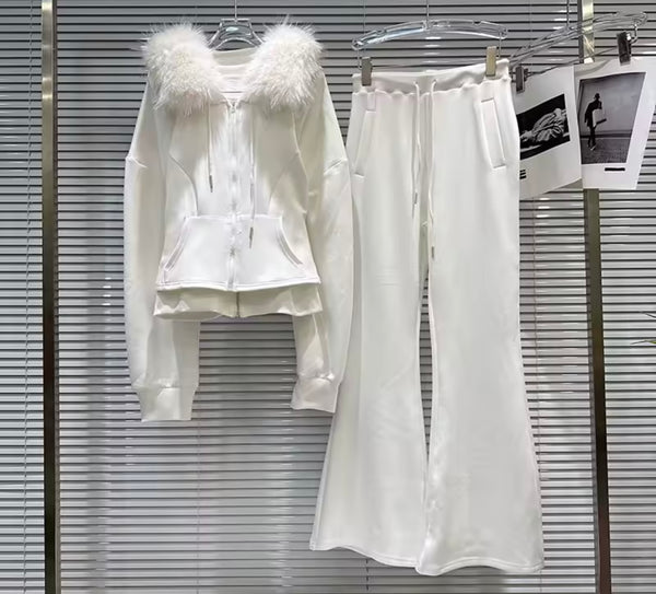 Women Fashion Fur Patchwork Zip Up Three Piece Pant Set