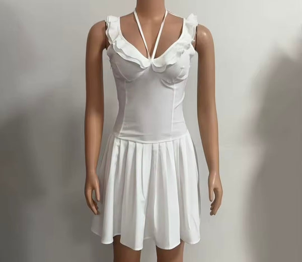 Women White Ruffled Sleeveless Sexy Dress