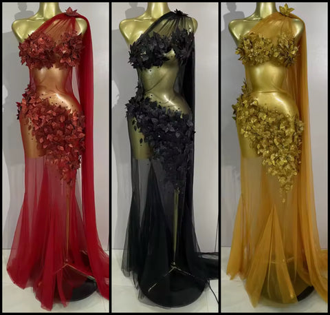 Women Sexy One Shoulder Sleeveless 3D Floral Mesh Maxi Dress