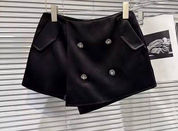 Women Black Fashion Bow Button Full Sleeve Two Piece Wrap Short Set