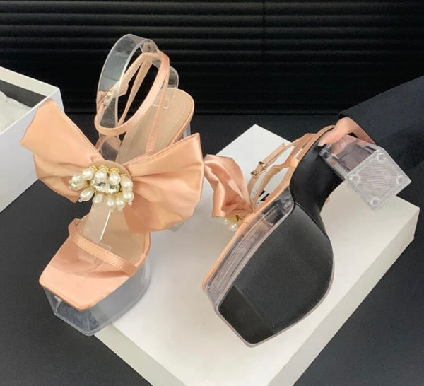 Women Color Bow Transparent Platform Ankle Strap Sandals