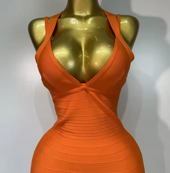 Women Sexy Sleeveless Orange Bandage Maxi Dress