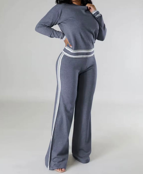 Women Solid Color Striped Patchwork Full Sleeve Two Piece Pant Set