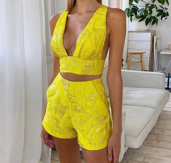 Women Sleeveless Printed Criss-Cross Back Two Piece Short Set