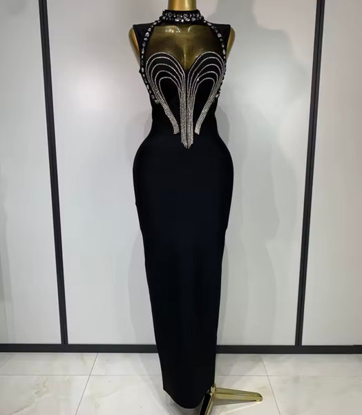 Women Black Sexy Sleeveless Rhinestone Maxi Dress