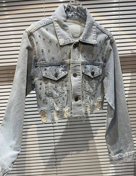 Women Rhinestone Fashion Button Up Ripped Denim Jacket