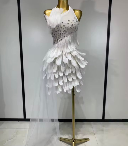 Women White Halter Sleeveless Rhinestone Feather Dress