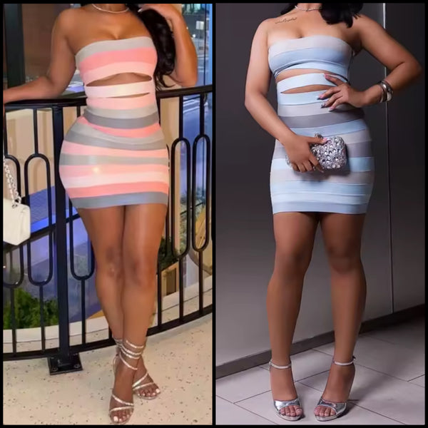 Women Sexy Striped Strapless Faux Leather Dress