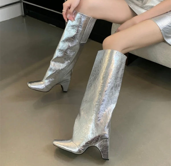Women Fashion Square Toe Faux Leather Knee High Boots