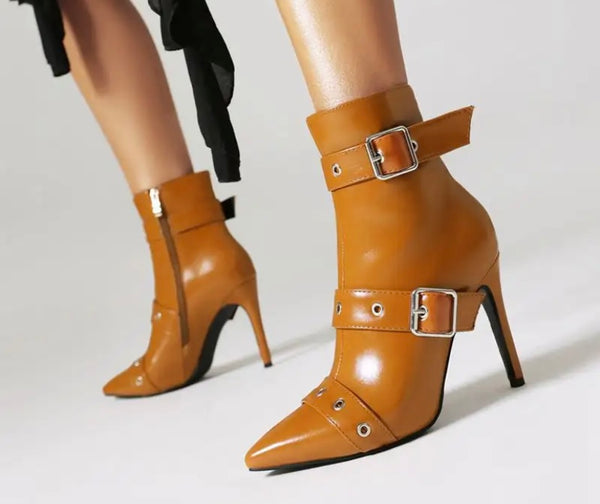 Women Fashion Pointed Toe Buckled Faux Leather Ankle Boots