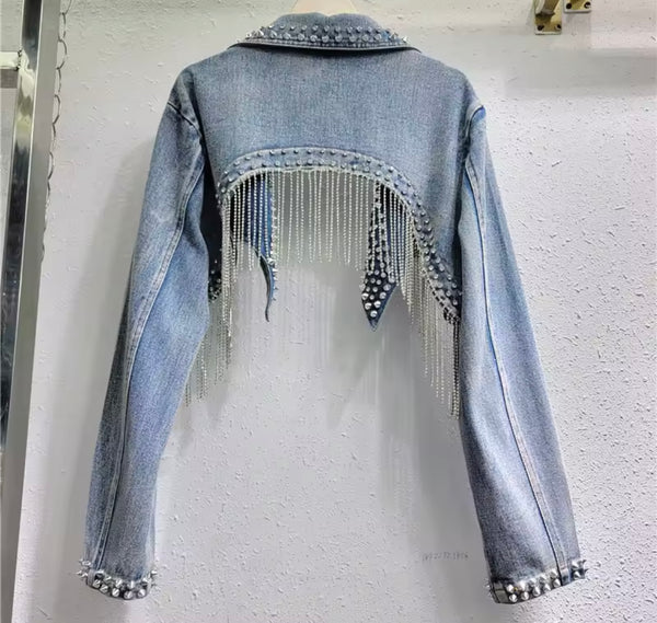 Women Rivet Rhinestone Tassel Fashion Denim Crop Jacket