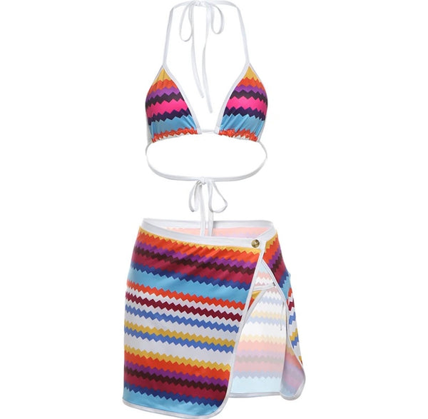 Women Sexy Multicolored Striped Halter Thong Three Piece Skirt Set