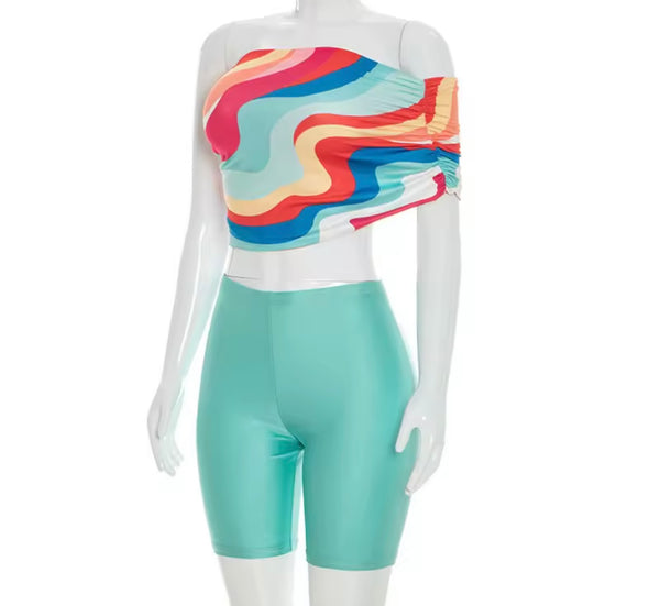 Women Off The Shoulder Colorful Crop Two Piece Short Set