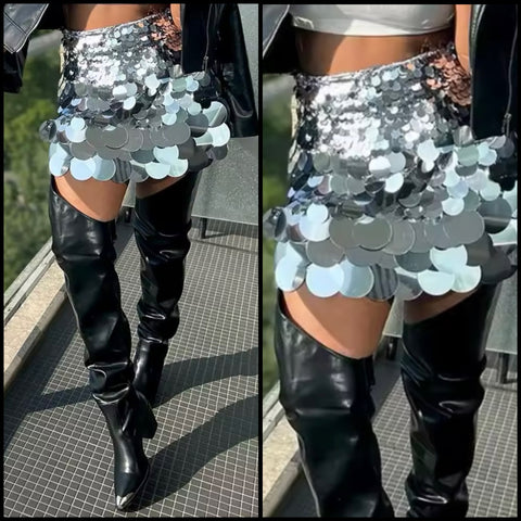 Women Sexy Silver Sequins Fashion Skirt