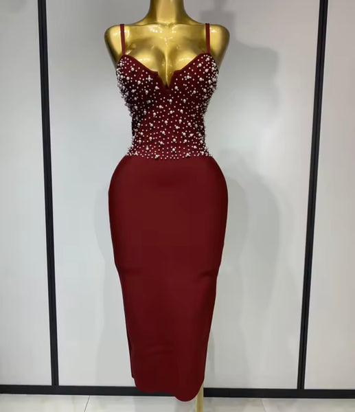 Women Sexy Sleeveless Beaded Pearl Bandage Dress