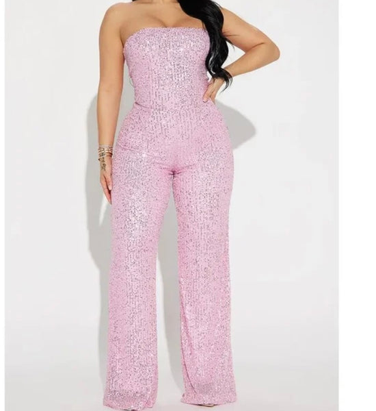 Women Sexy Strapless Sequins Solid Color Jumpsuit