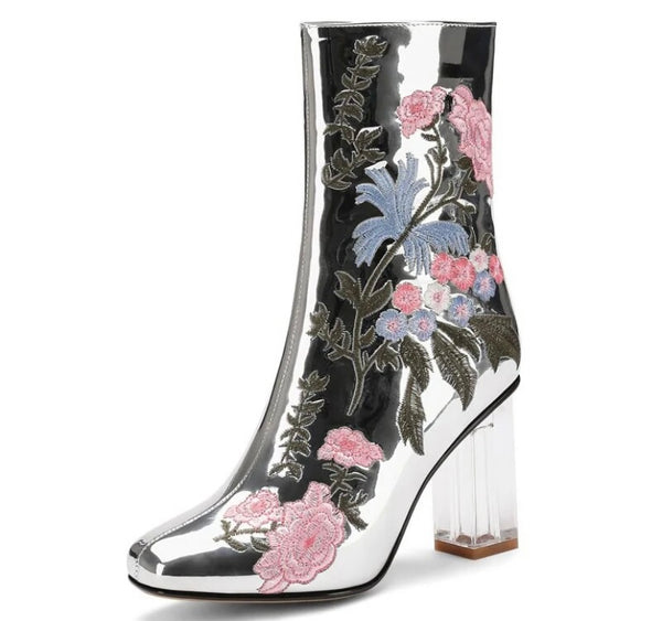 Women Silver Floral Square Heel Fashion Ankle Boots