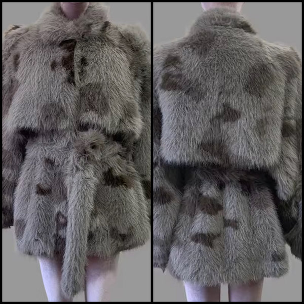 Women Fashion Gray Camouflage Faux Fur Jacket