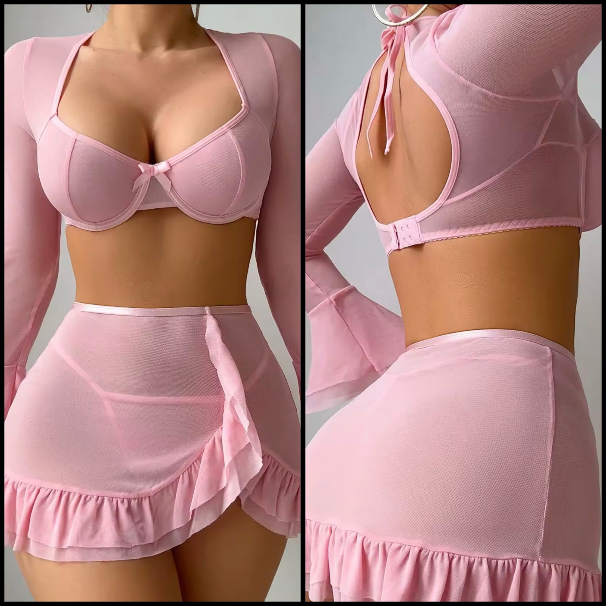 Women Sexy Pink Mesh Full Sleeve Ruffled Lingerie Set