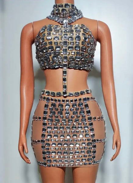 Women Sexy Sleeveless Bling Crystal Two Piece Skirt Set