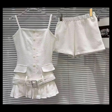 Women White Button Up Ruffled Belted Sleeveless Two Piece Short Set