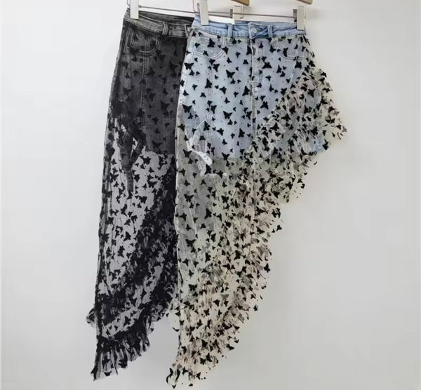 Women Fashion Printed Mesh Asymmetrical Denim Skirt