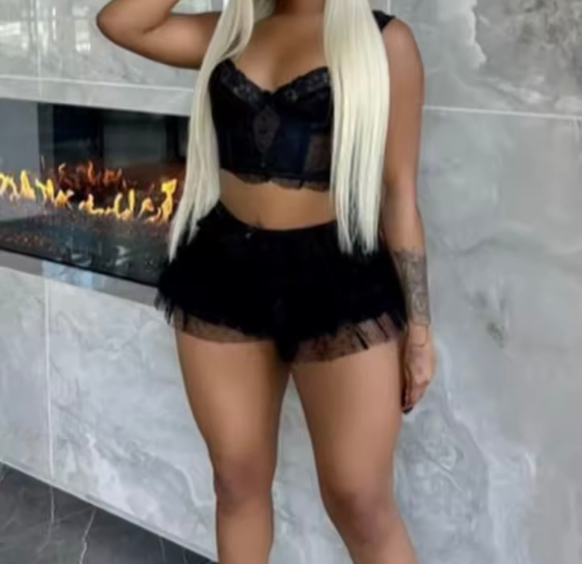 Women Sexy Sleeveless Ruffled Lace Two Piece Skirt Set