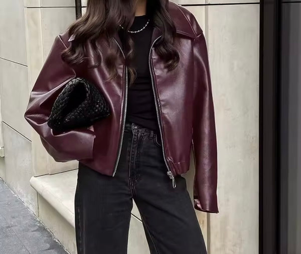 Women Color Zip Up Fashion Faux Leather Jacket