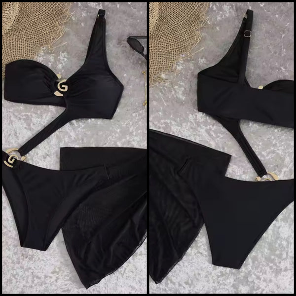 Women Black Sexy One Shoulder Metal Swimsuit Cover Up Set