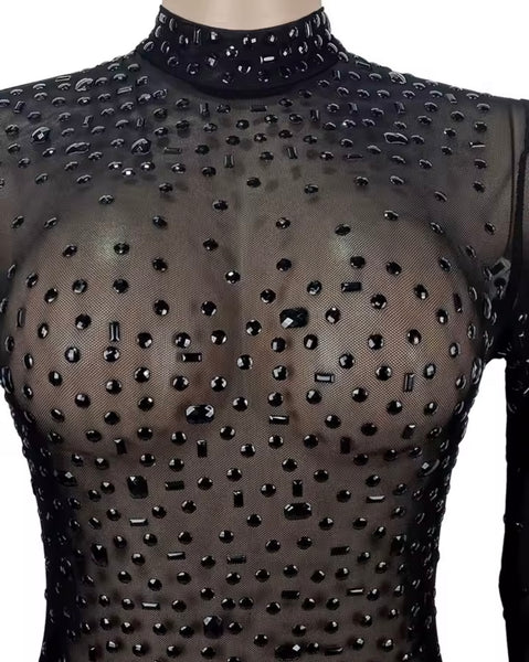 Women Sexy Crystal Mesh Full Sleeve Dress