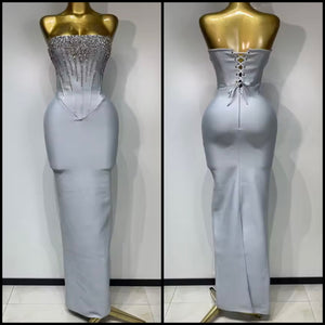 Women Sexy Strapless Gray Corset Rhinestone Bandage Maxi Dress