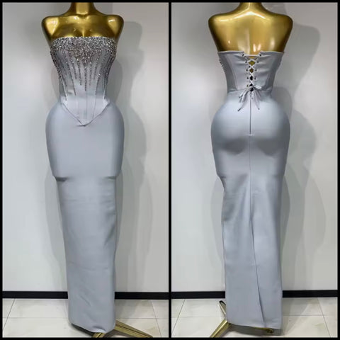 Women Sexy Strapless Gray Corset Rhinestone Bandage Maxi Dress