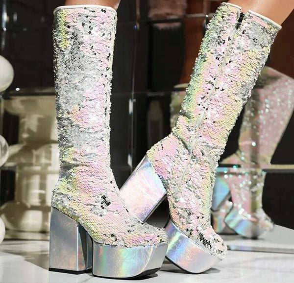 Women Sequins Platform Fashion Knee High Boots