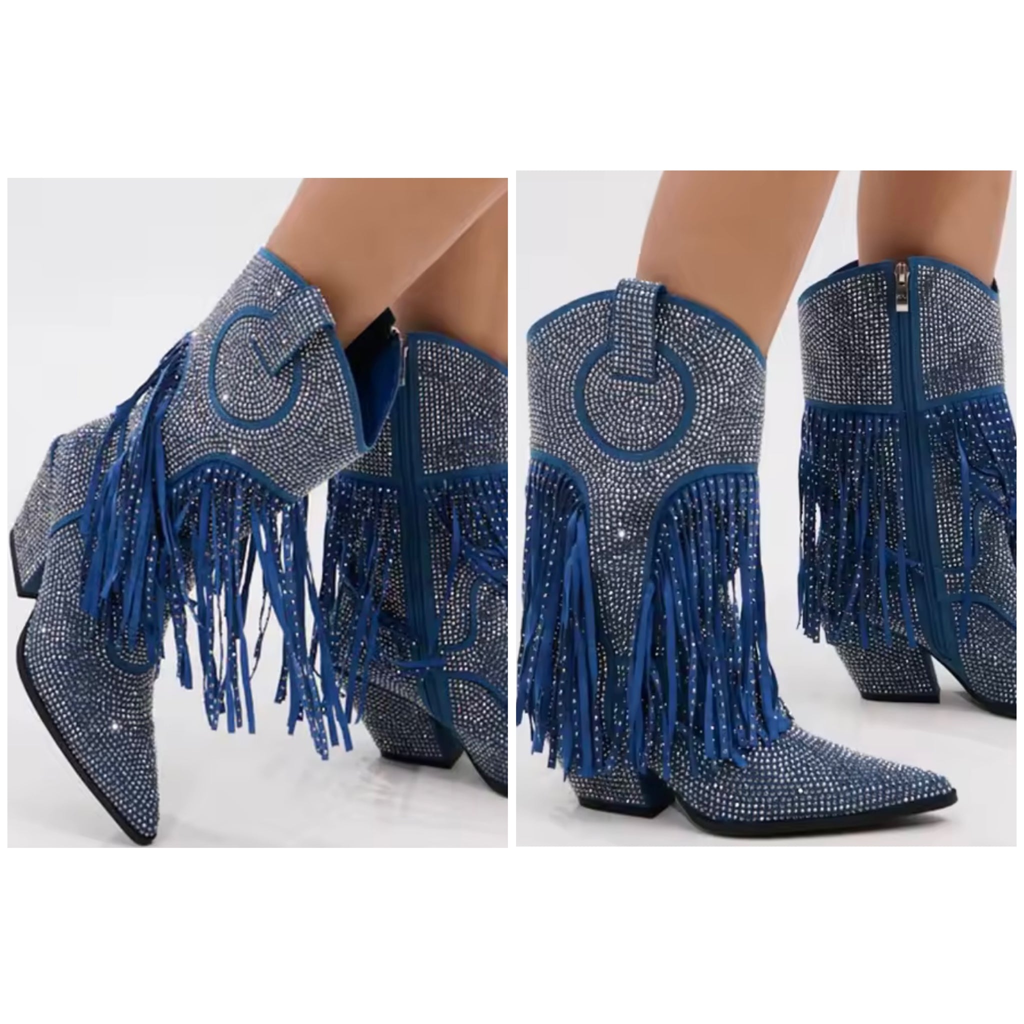 Women Fashion Blue Bling Rhinestone Tassel Ankle Western Boots