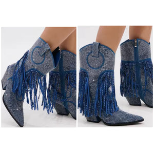 Women Fashion Blue Bling Rhinestone Tassel Ankle Western Boots