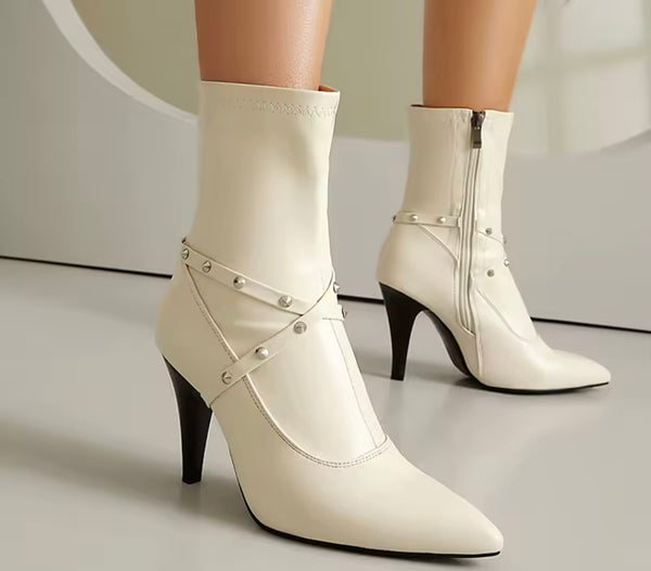 Women Color Pointed Toe Criss-Cross Rivet High Heel Ankle Boots