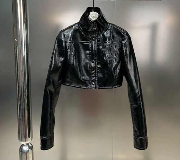 Women Black PU Fashion Two Piece Jacket Short Set