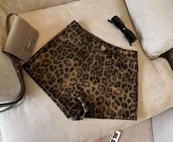 Women Fashion Animal Print PU Shorts